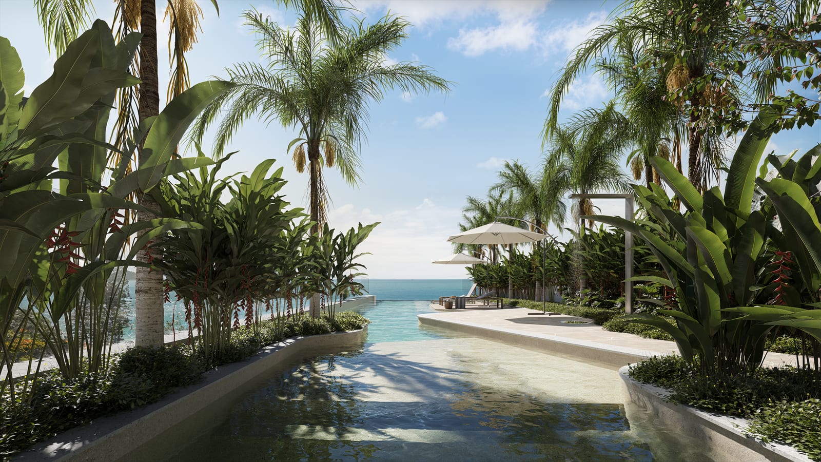Área comum de empreendimento residencial com piscina, palmeiras e vista para o mar