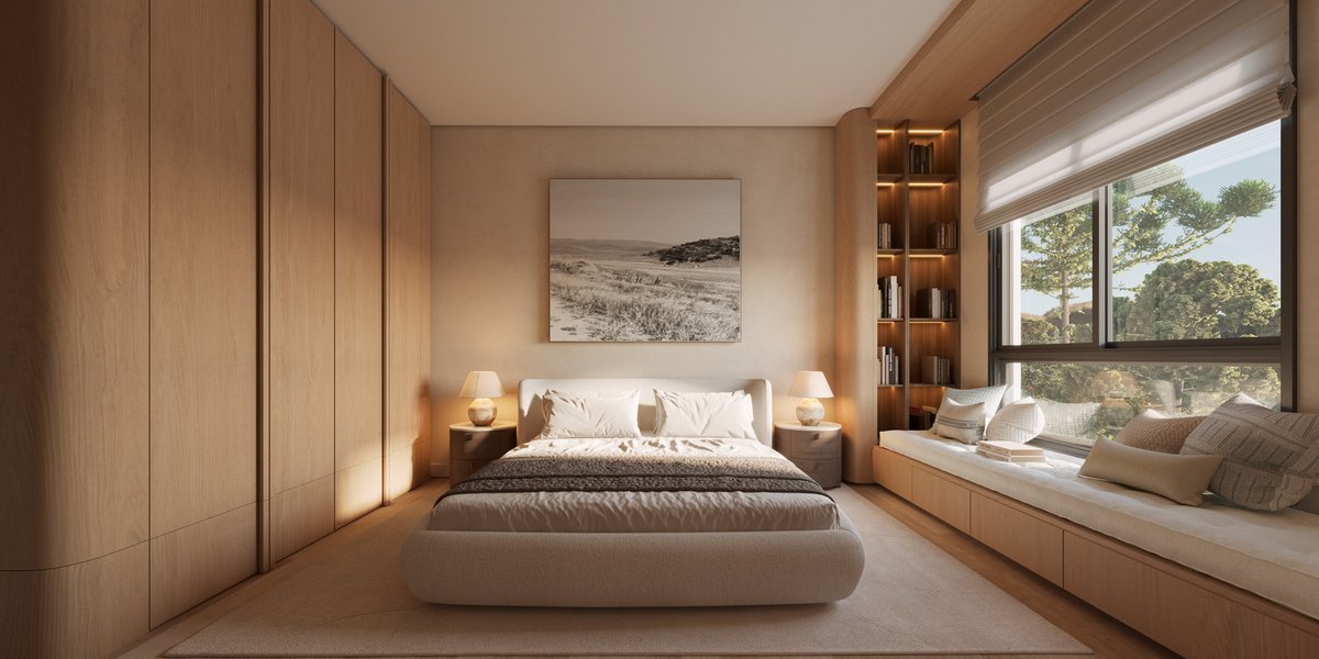 Suíte do Terrano, render de Digital 3D com luz de abajur